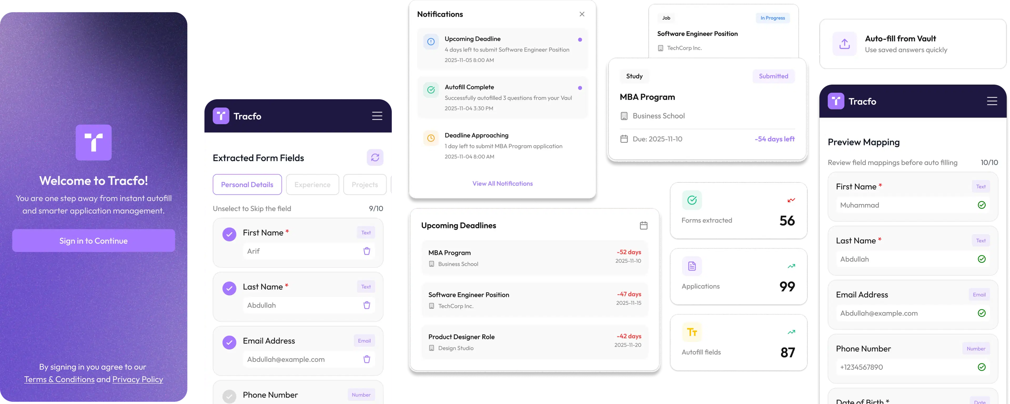 Tracfo application interface showcasing form management and notification features